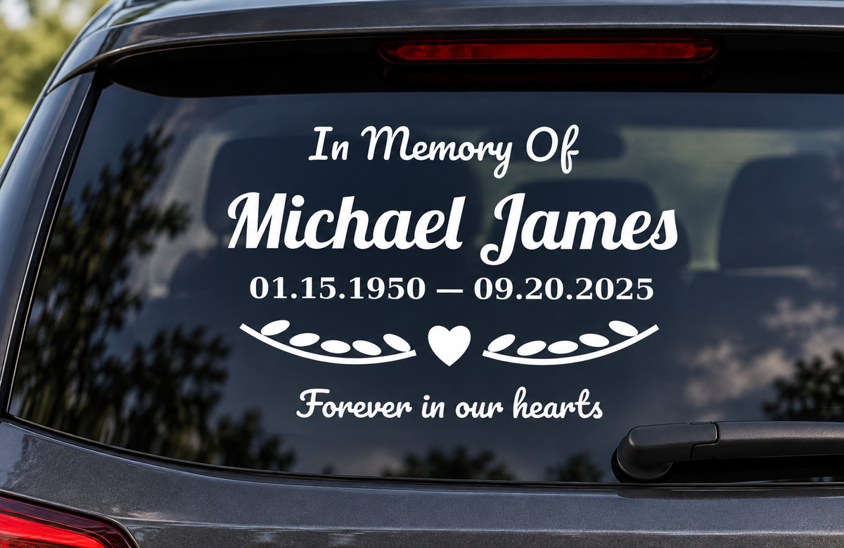 In Memory Of personalized memorial car window decal with heart and laurel shown in white