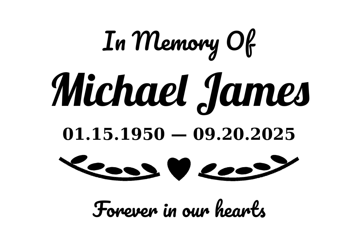 Michael James example memorial decal with birth and death dates