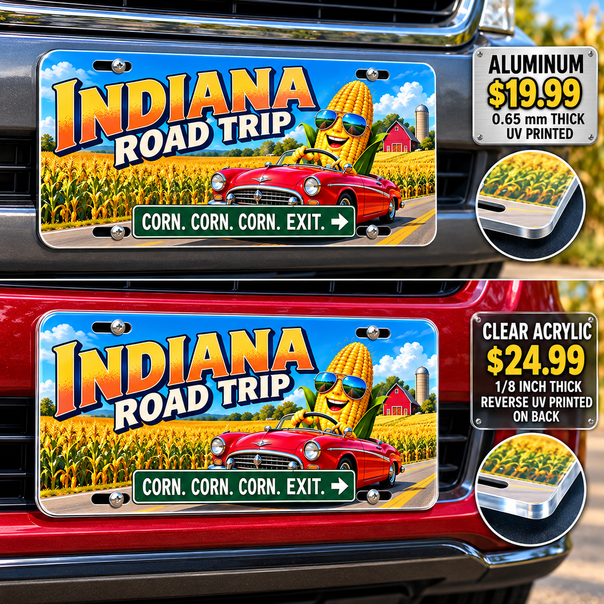 Indiana Corn Again funny license plate — aluminum and acrylic vehicle mockups
