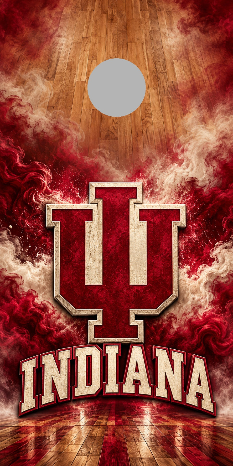 Indiana Hoosier Hardwood cornhole wrap with plain gray hole placement preview