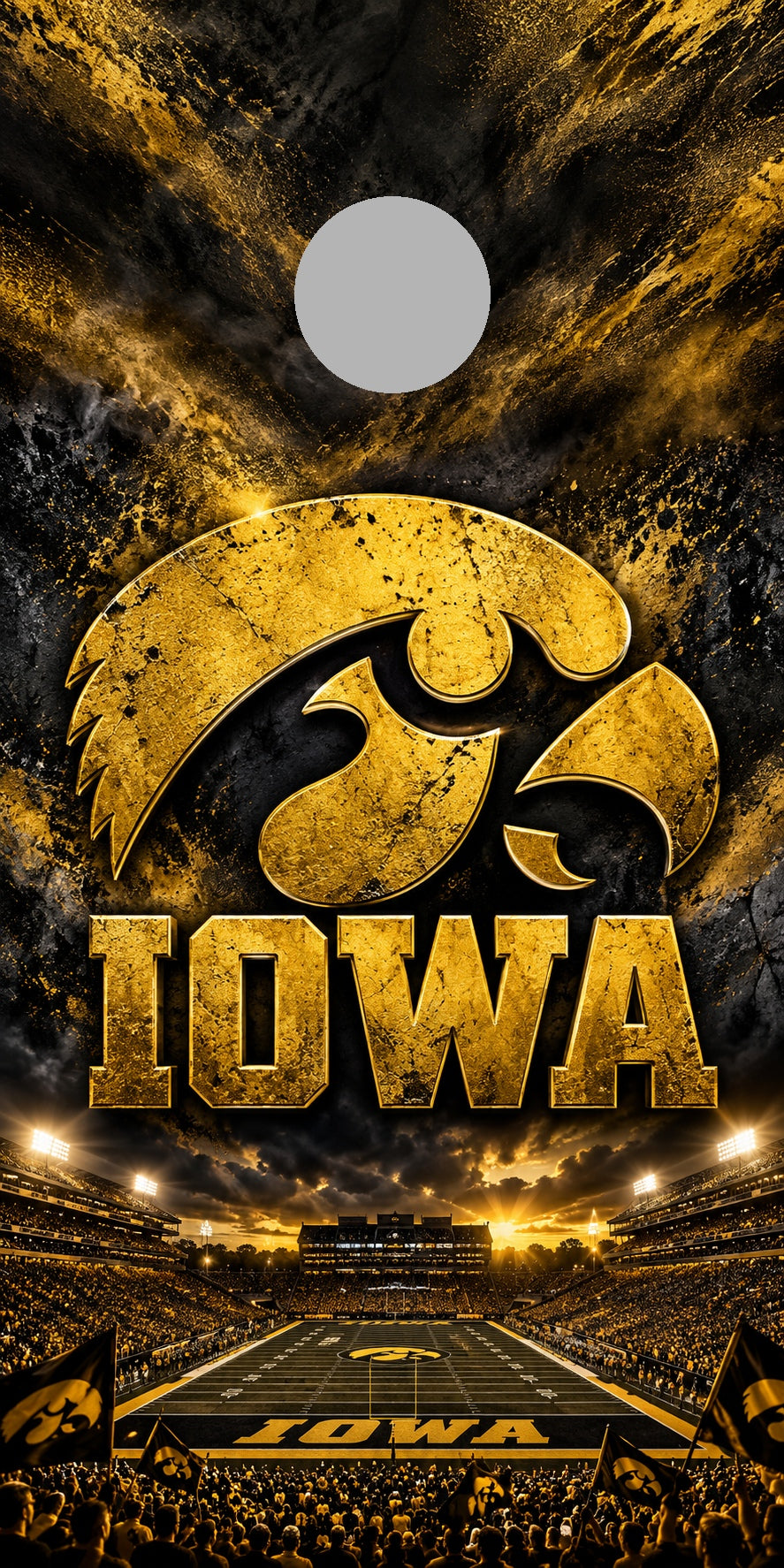 Iowa Hawkeye Gold Rush cornhole wrap with plain gray hole placement preview