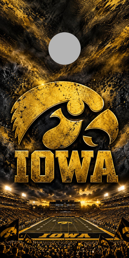 Iowa Hawkeye Gold Rush cornhole wrap with plain gray hole placement preview