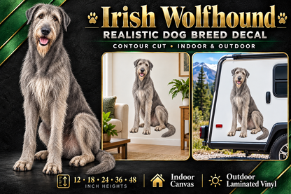 Irish Wolfhound decal summary — 12 to 48 inch heights, indoor and outdoor