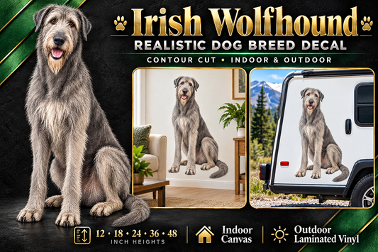 Irish Wolfhound decal summary — 12 to 48 inch heights, indoor and outdoor