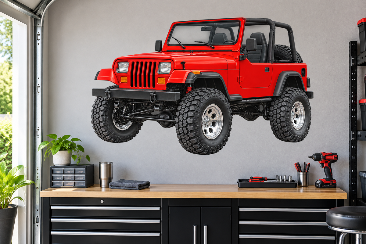 Bright Red Jeep Wrangler YJ garage wall decal mockup