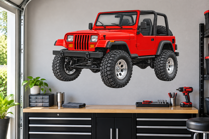 Bright Red Jeep Wrangler YJ garage wall decal mockup