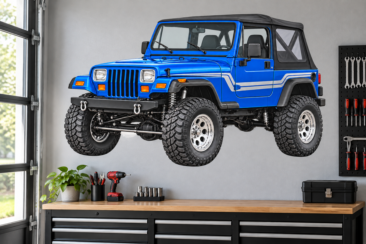 Electric Blue Jeep Wrangler YJ garage wall decal mockup