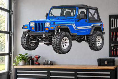 Electric Blue Jeep Wrangler YJ garage wall decal mockup