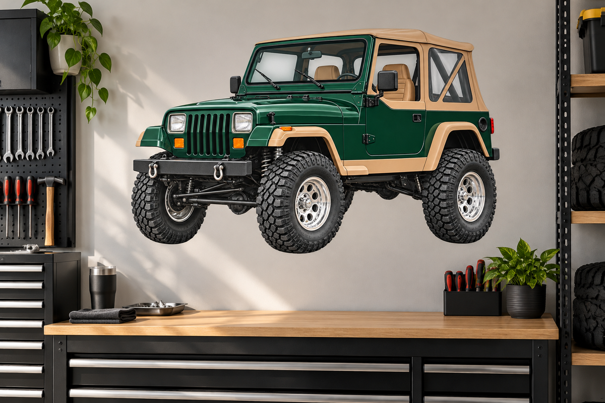 Forest Green & Tan Jeep Wrangler YJ garage wall decal mockup
