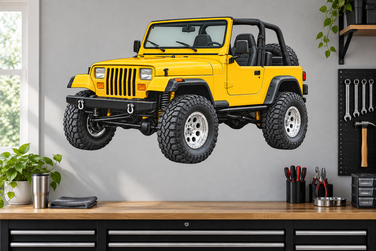 Sunburst Yellow Jeep Wrangler YJ garage wall decal mockup