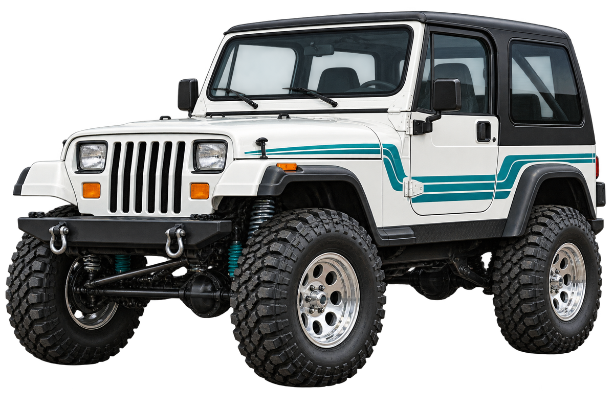 1995 Jeep Wrangler YJ 4x4 White & Teal – Contour Cut Decal artwork