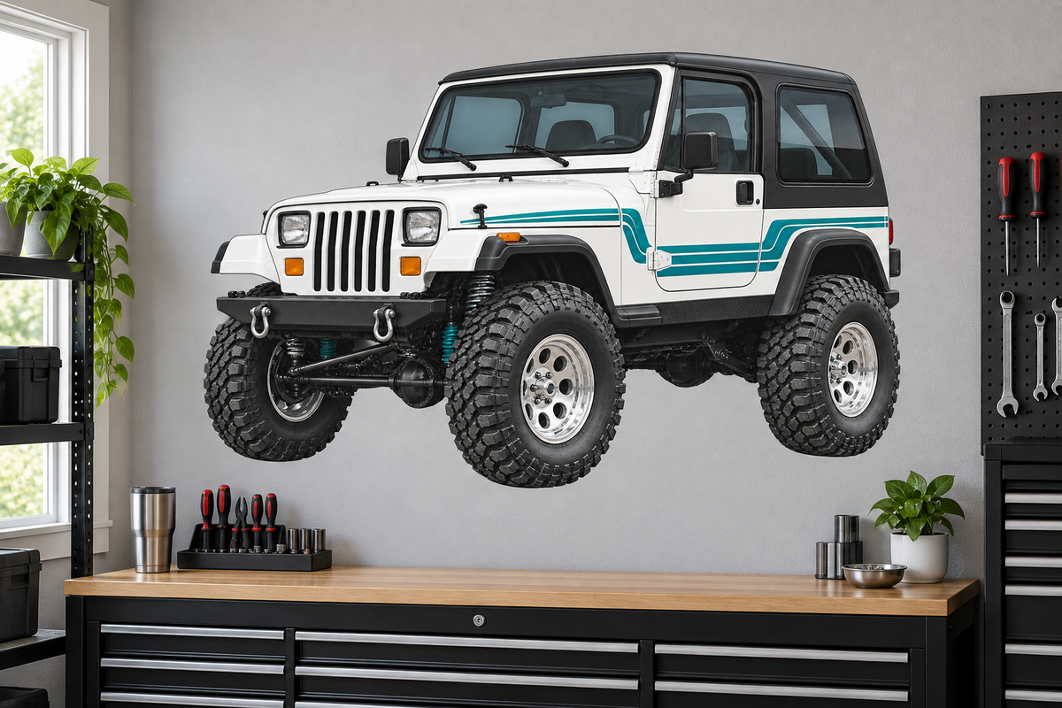 White & Teal Jeep Wrangler YJ garage wall decal mockup