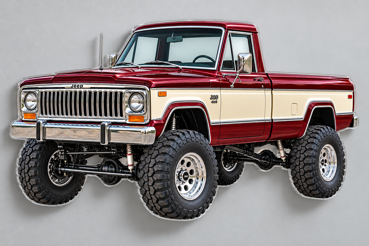 1976 Jeep J20 clear acrylic contour-cut sign angled floating wall view