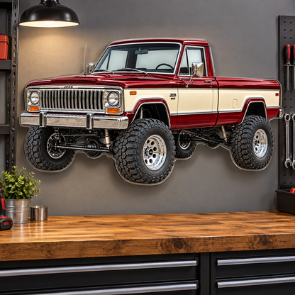 1976 Jeep J20 acrylic sign mounted above garage workbench with hidden standoffs