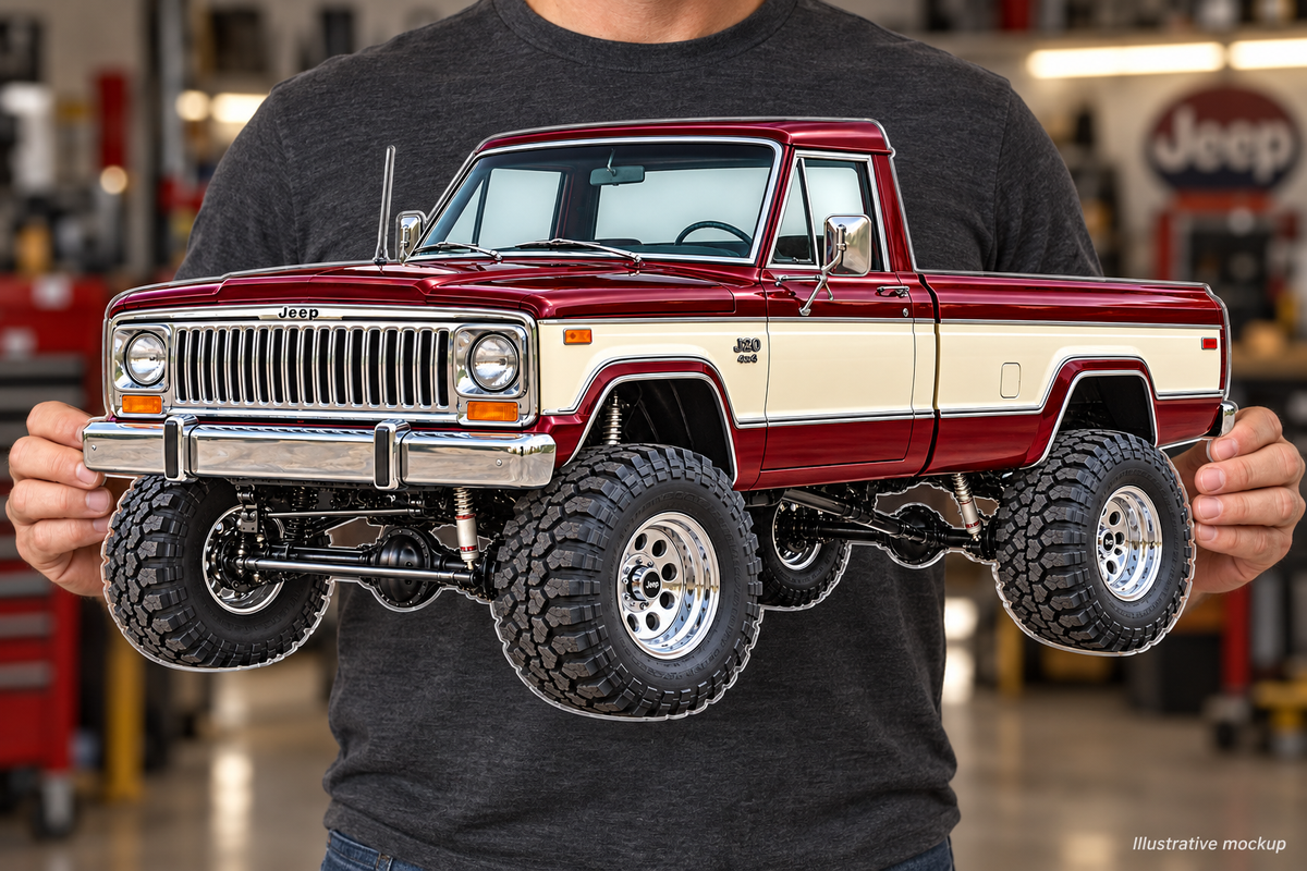 Person holding 1976 Jeep J20 Maroon and Ivory clear contour-cut acrylic sign, illustrative mockup