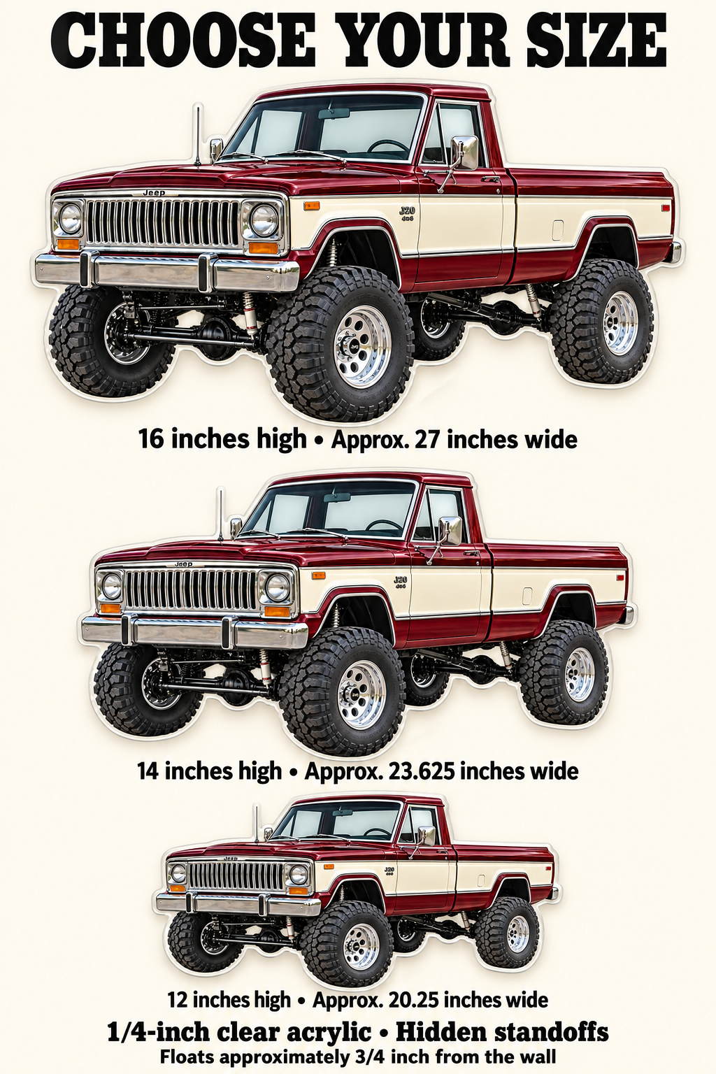 1976 Jeep J20 acrylic size guide for 12, 14 and 16 inch heights