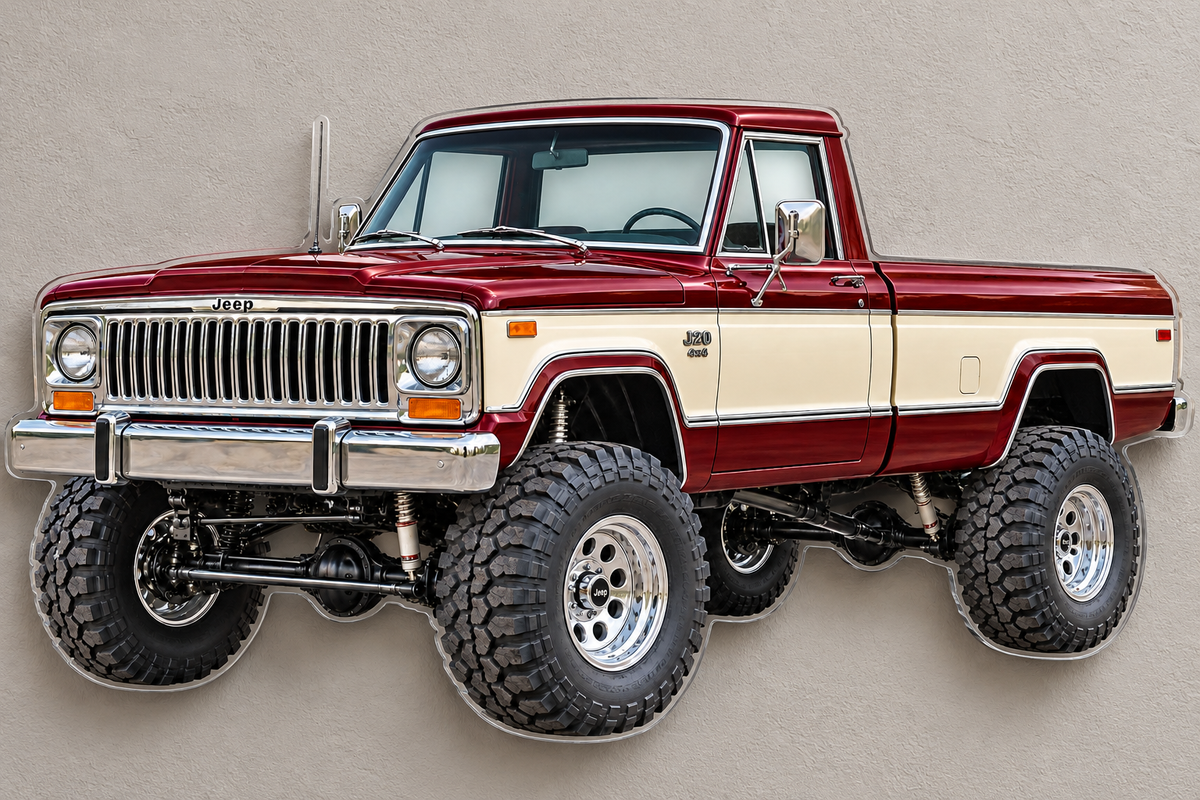 1976 Jeep J20 Deep Maroon and Ivory contour-cut clear acrylic sign on hidden standoffs