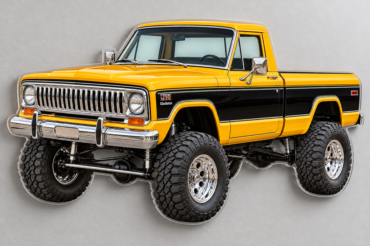 1978 Jeep J10 Golden Yellow and Black acrylic truck sign angle mockup