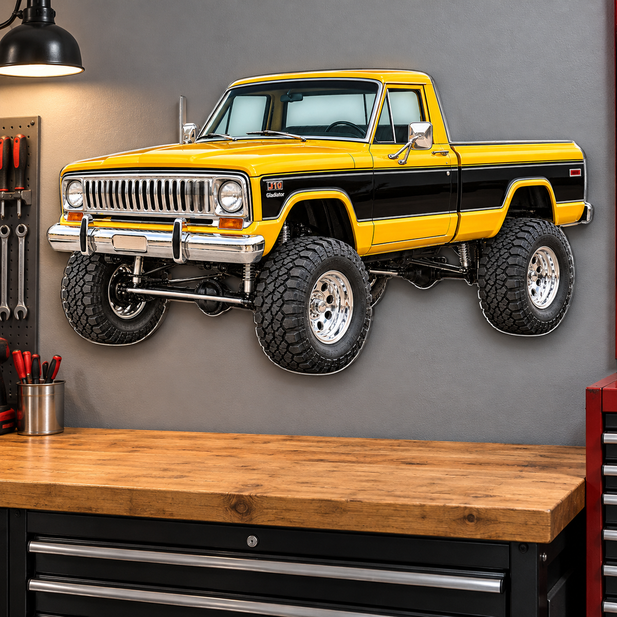 1978 Jeep J10 Golden Yellow and Black acrylic truck sign garage mockup