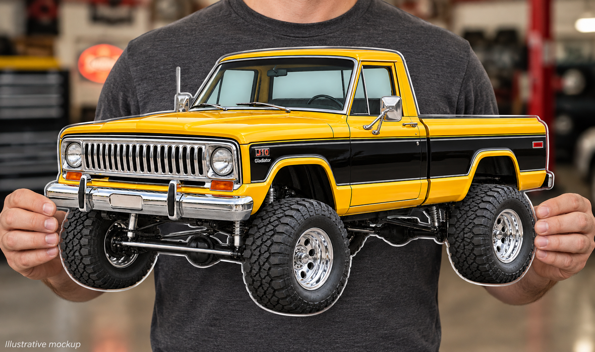 1978 Jeep J10 Golden Yellow and Black acrylic truck sign held mockup