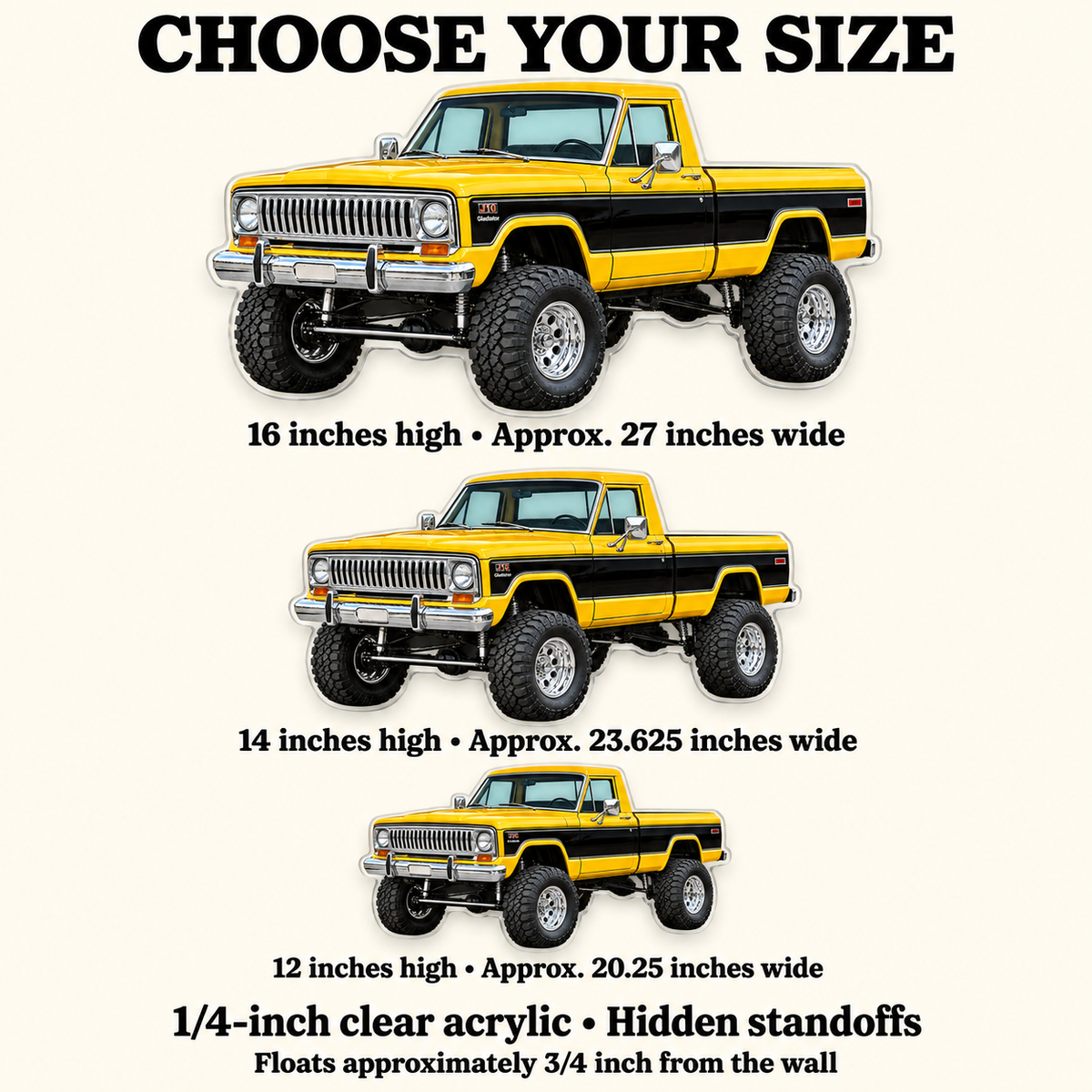 1978 Jeep J10 Golden Yellow and Black acrylic truck sign sizes mockup