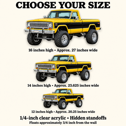 1978 Jeep J10 Golden Yellow and Black acrylic truck sign sizes mockup