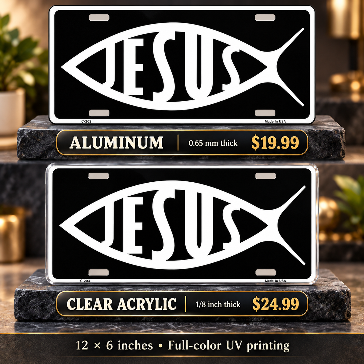 Jesus Fish License Plate Car Tag — aluminum $19.99 and ⅛-inch clear acrylic $24.99 material comparison
