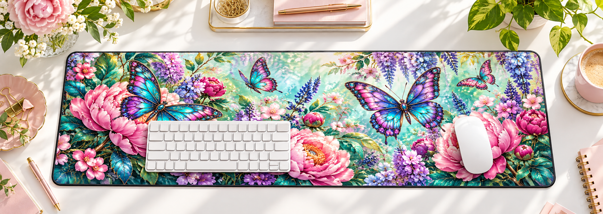 Jeweled Butterfly Garden Desk Mat — overhead workspace mockup