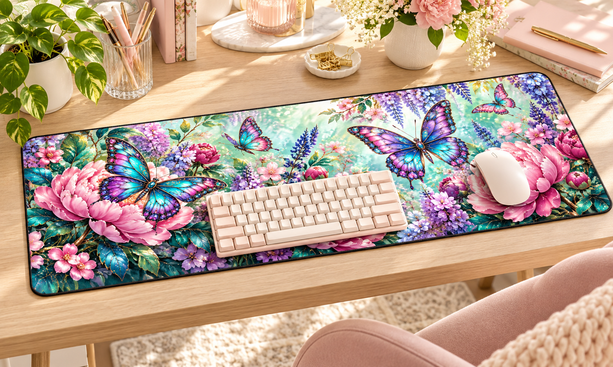 Jeweled Butterfly Garden Desk Mat — angled workspace mockup