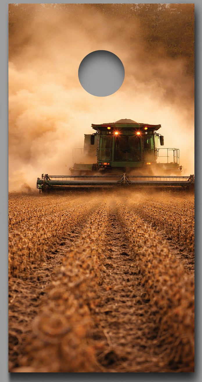 Harvesting Soybeans at Dusk in the Dust Corn hole Decal Wraps
