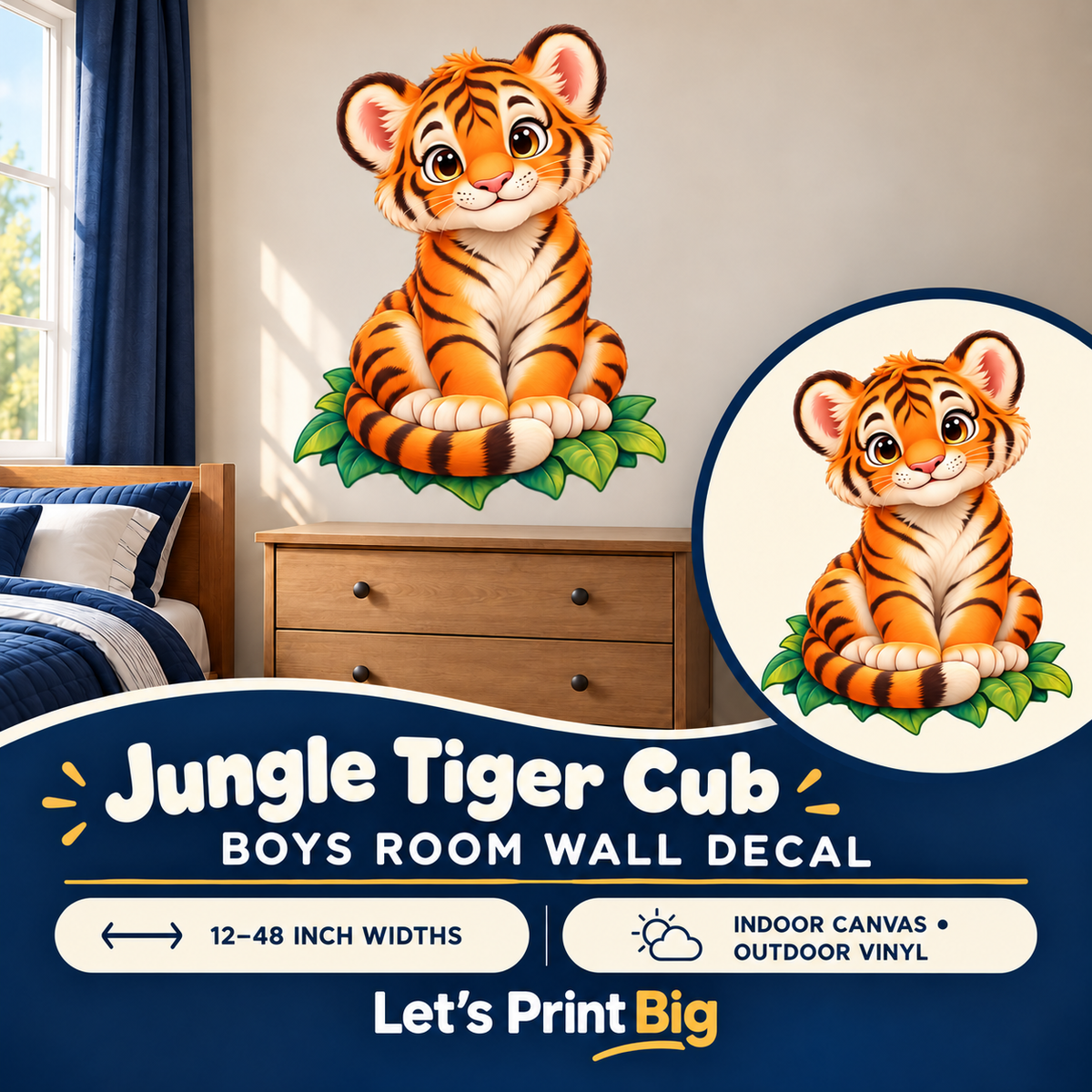 Jungle Tiger Cub – Boys Room Wall Decal summary and bedroom mockup – 12 to 48 inch widths