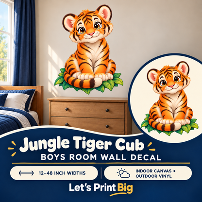 Jungle Tiger Cub – Boys Room Wall Decal summary and bedroom mockup – 12 to 48 inch widths