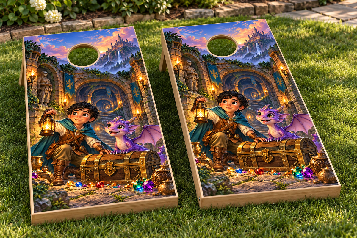 junior dungeon quest cornhole wrap installed-board mockup; boards not included