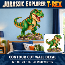 Jurassic Explorer T-Rex – Boys Room Wall Decal summary and bedroom mockup – 12 to 48 inch widths