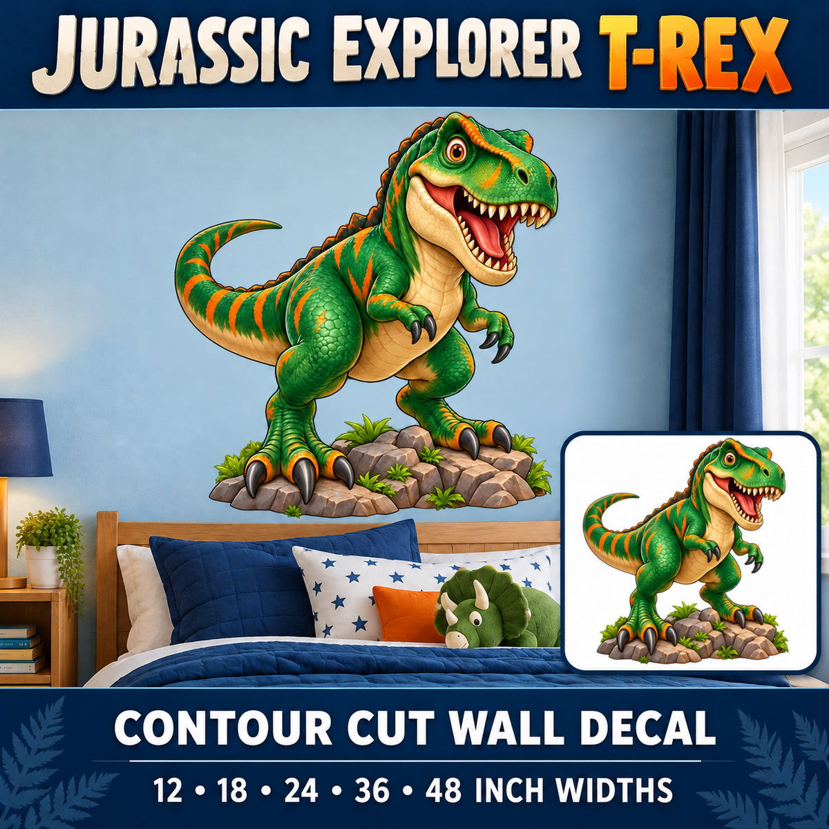 Jurassic Explorer T-Rex – Boys Room Wall Decal summary and bedroom mockup – 12 to 48 inch widths