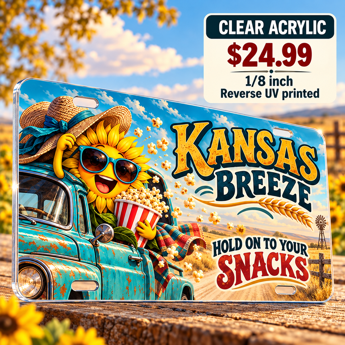 Kansas Hold Your Snacks funny license plate — ⅛-inch reverse UV printed acrylic with opaque artwork