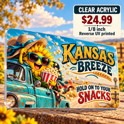 Kansas Hold Your Snacks funny license plate — ⅛-inch reverse UV printed acrylic with opaque artwork