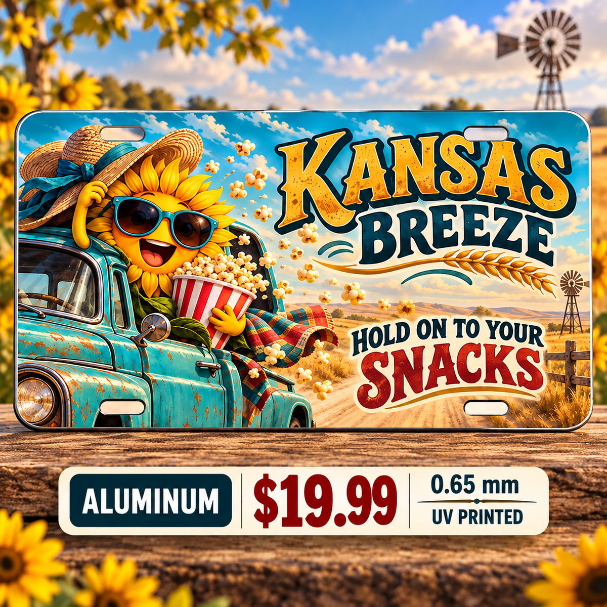 Kansas Hold Your Snacks funny license plate — 0.65 mm UV printed aluminum
