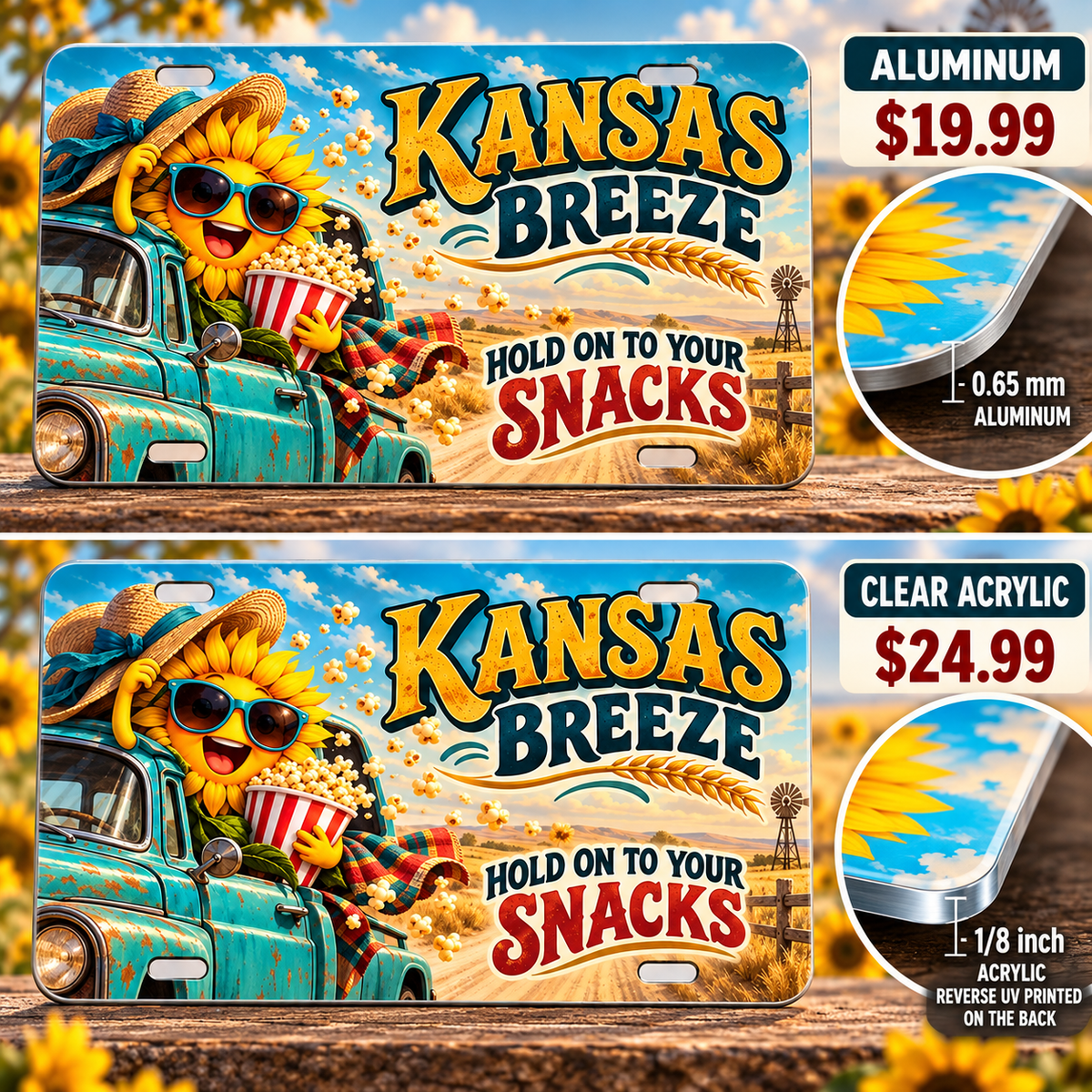 Kansas Hold Your Snacks funny license plate — 0.65 mm aluminum and ⅛-inch acrylic edge detail