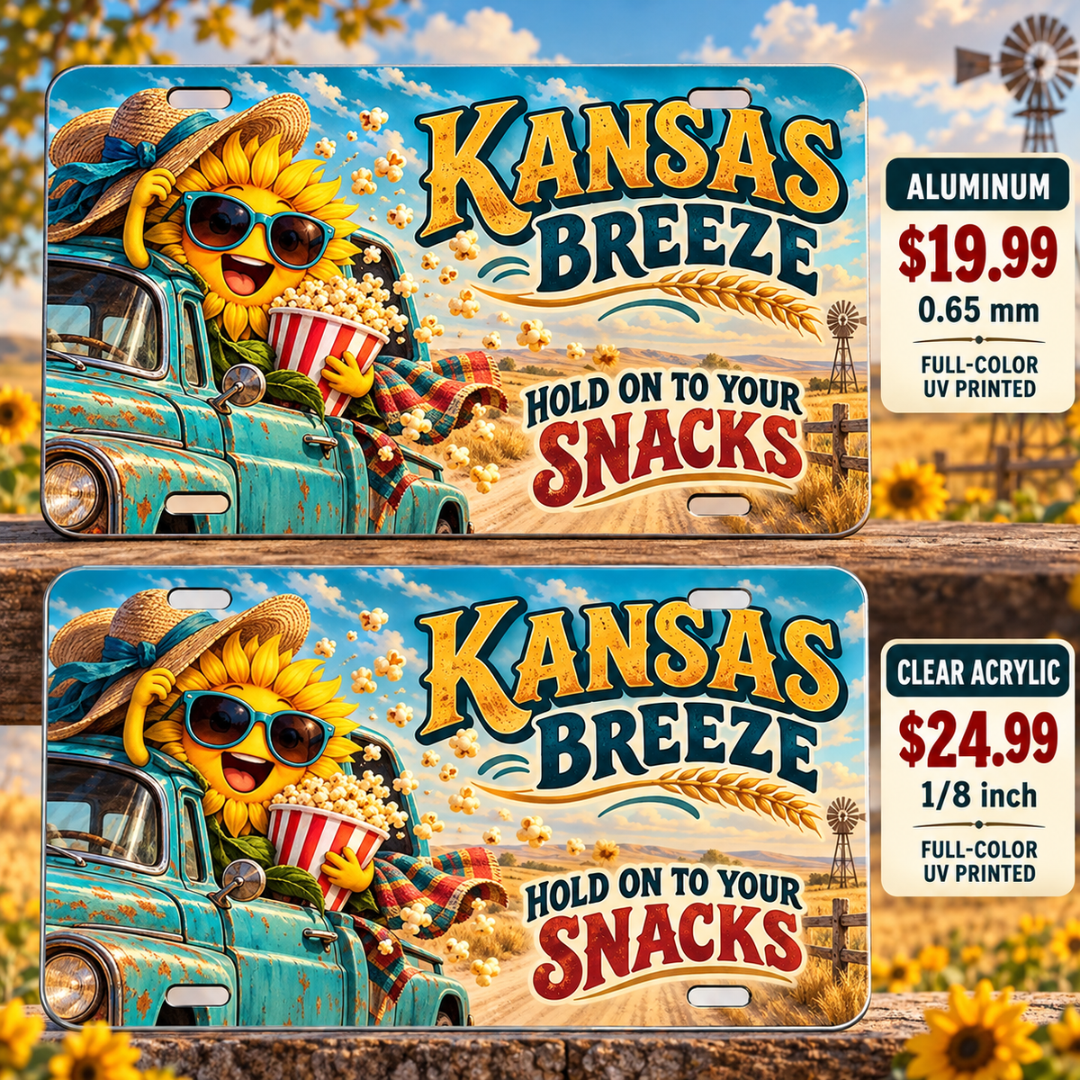 Kansas Hold Your Snacks funny license plate — aluminum $19.99 and clear acrylic $24.99 comparison
