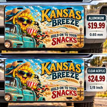 Kansas Hold Your Snacks funny license plate — aluminum and acrylic vehicle mockups