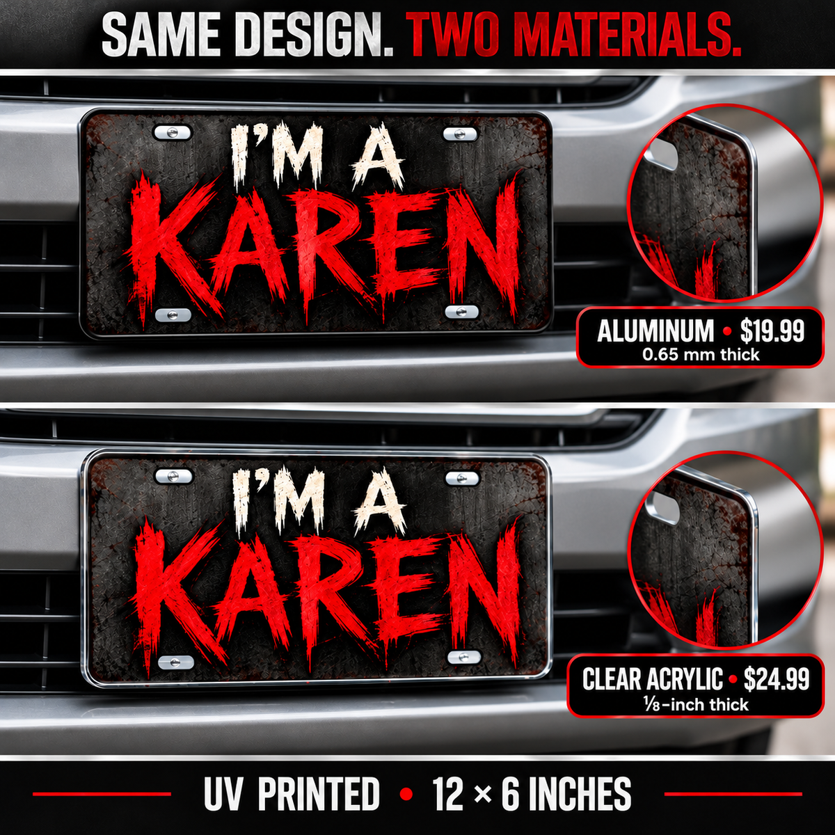 Vehicle comparison of 0.65 mm aluminum and one-eighth-inch acrylic Karen plates with identical opaque full-color graphics