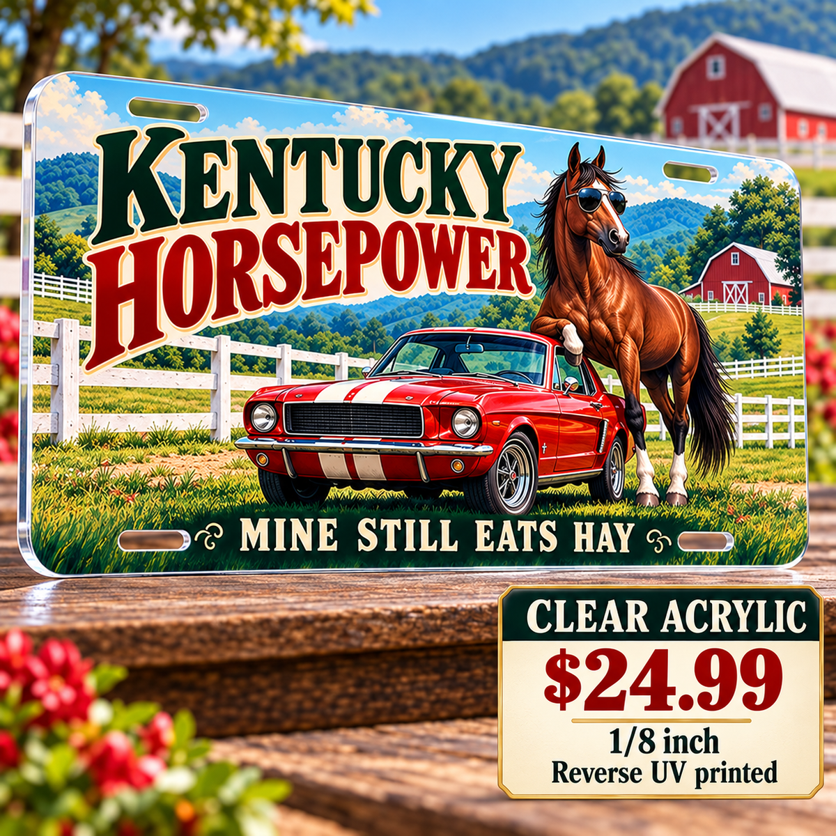 Kentucky Real Horsepower funny license plate — ⅛-inch reverse UV printed acrylic with opaque artwork