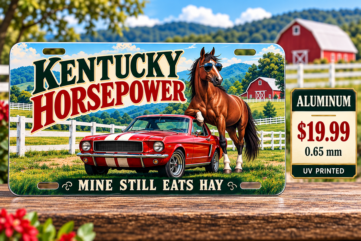 Kentucky Real Horsepower funny license plate — 0.65 mm UV printed aluminum