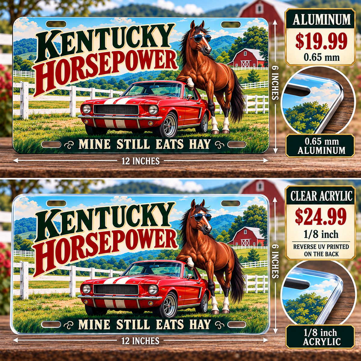 Kentucky Real Horsepower funny license plate — 0.65 mm aluminum and ⅛-inch acrylic edge detail
