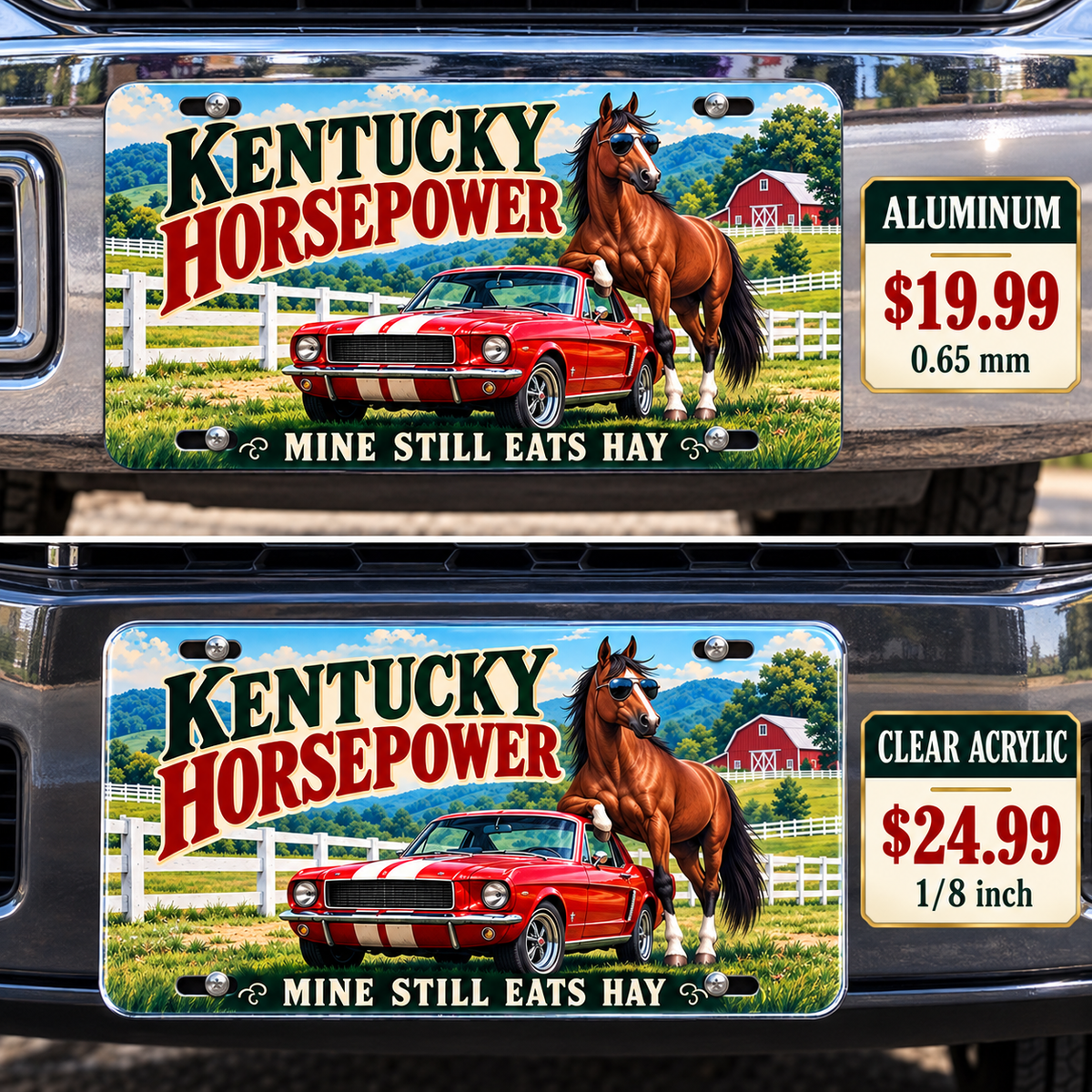 Kentucky Real Horsepower funny license plate — aluminum and acrylic vehicle mockups