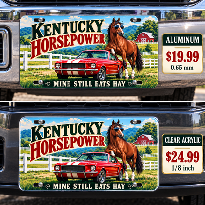 Kentucky Real Horsepower funny license plate — aluminum and acrylic vehicle mockups