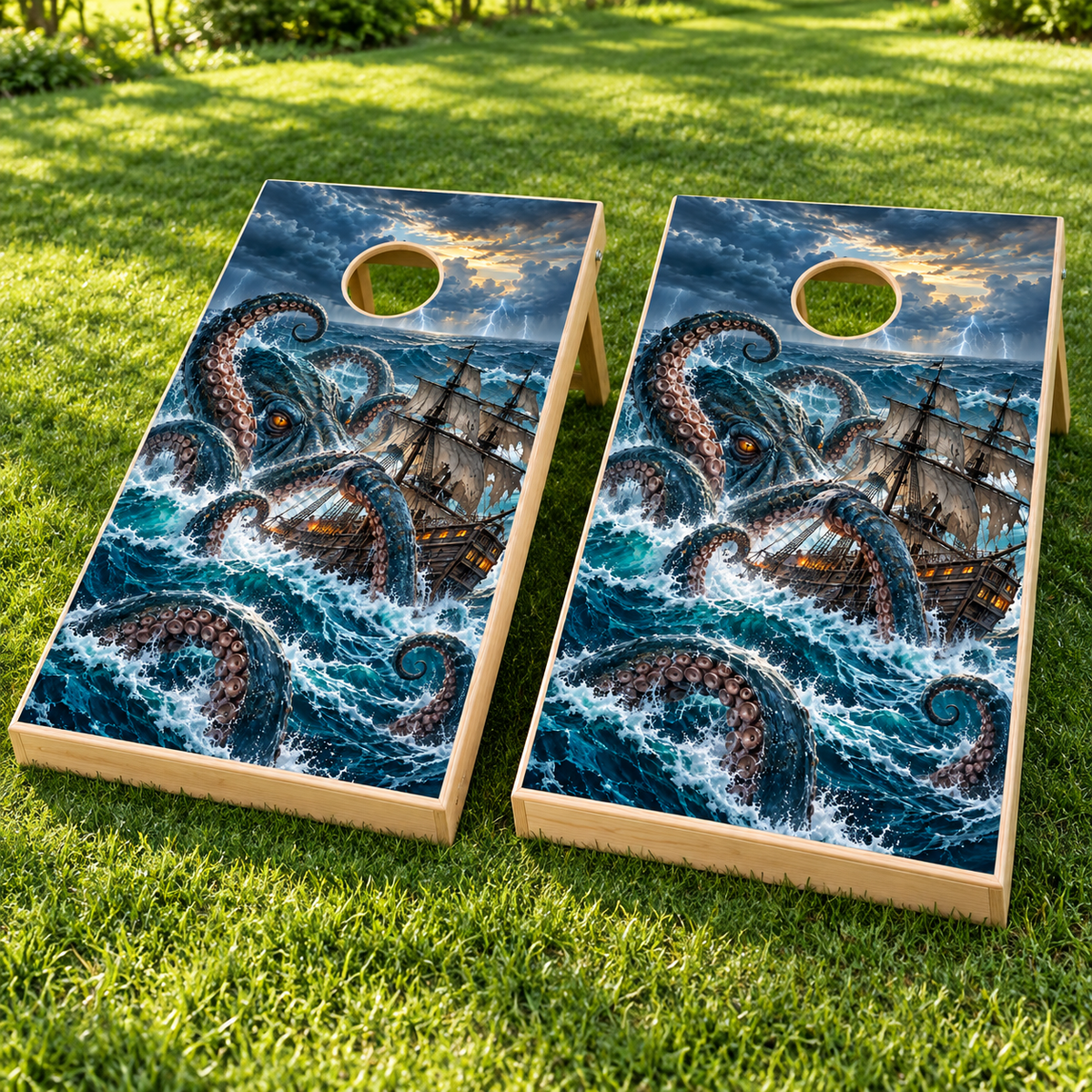 Kraken Stormy Seas installed cornhole board mockup; boards not included