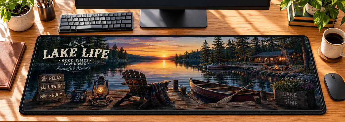 Lake Life Dockside Serenity Desk Mat in use on a warm wood office desk — overhead workspace view