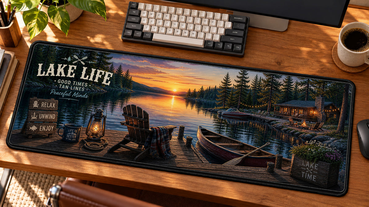 Lake Life Dockside Serenity Desk Mat in use on a warm wood office desk — angled workspace view